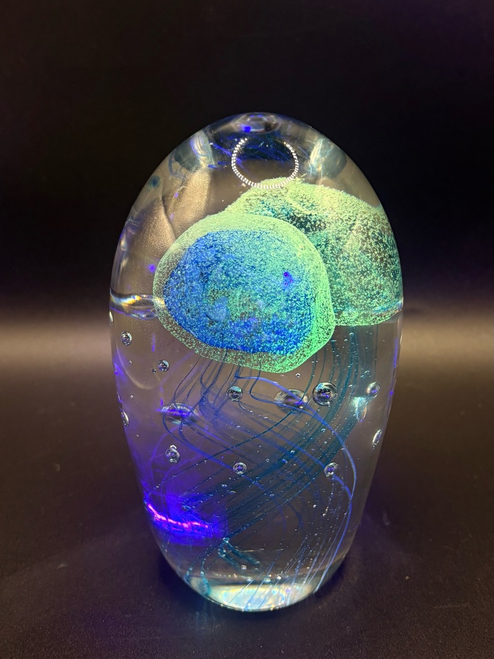 6" Solid Art Glass Jellyfish Paperweight UV Glow Reactive Ocean Sculpture